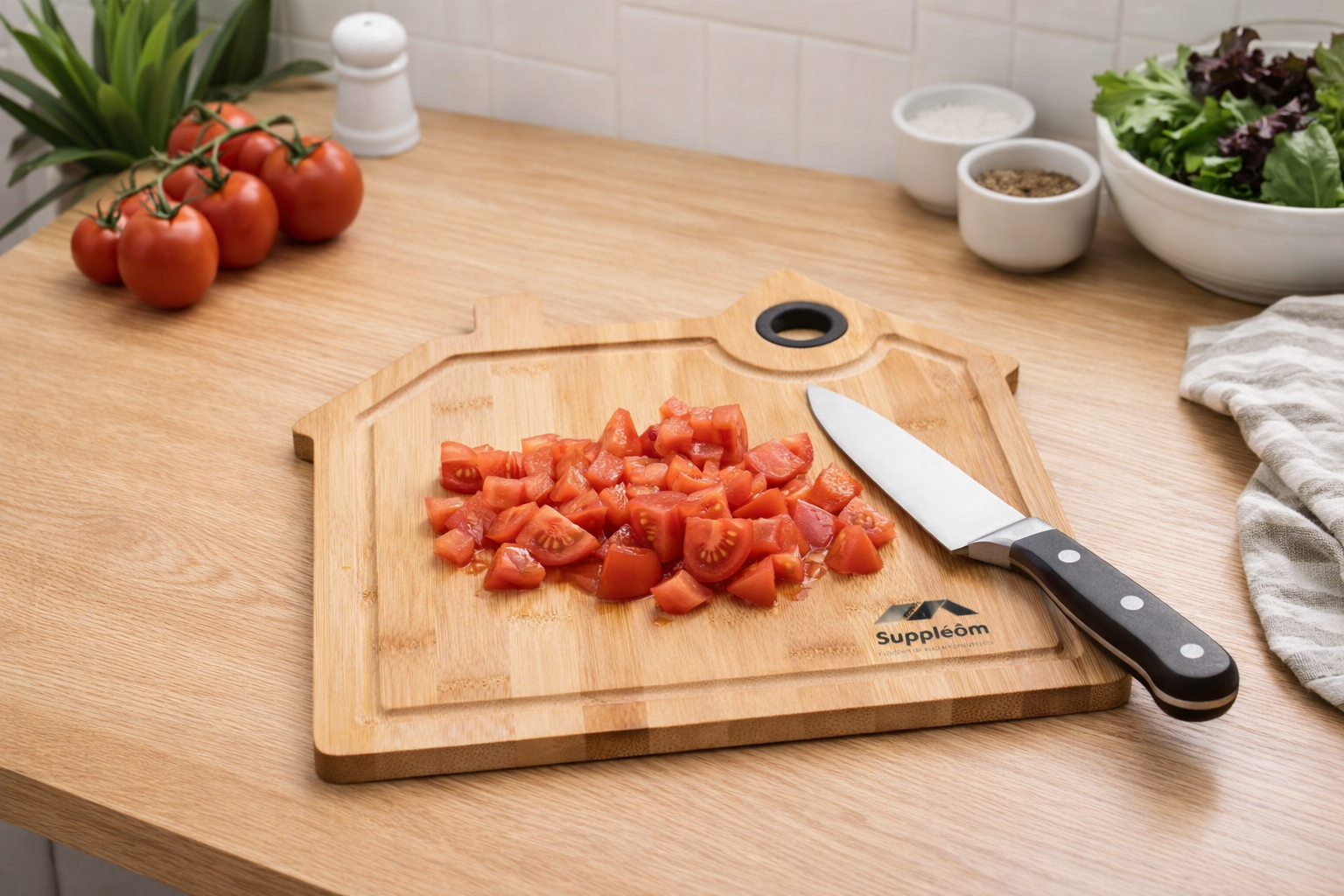 Planche à découper en bambou en forme de maison avec rainure