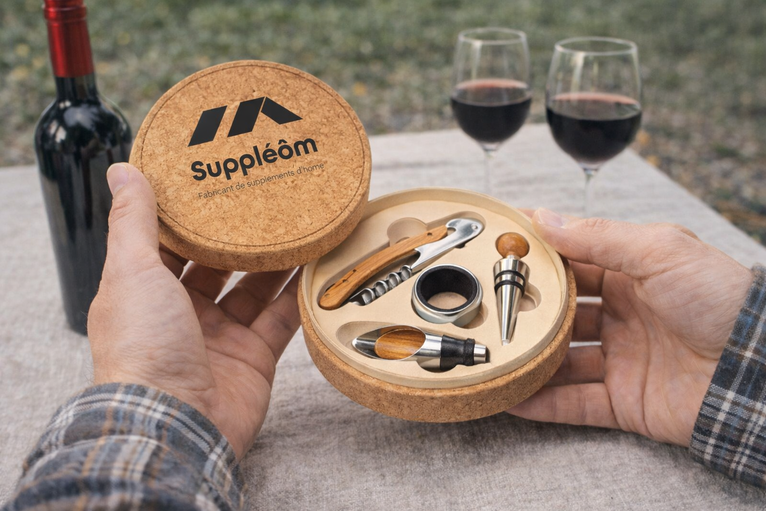 Set à vin 4 pièces en bois et métal avec boîte en liège – Image 2